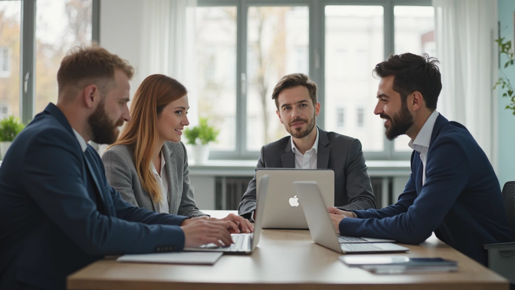 Team van vier collega's zit rond een bureau met laptops en notities in een lichte werkomgeving