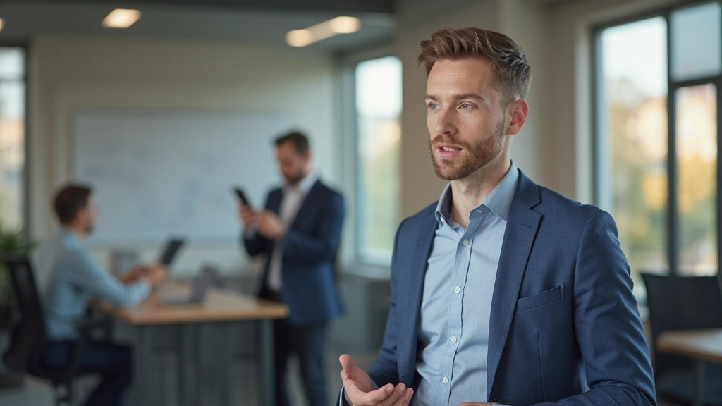 Man in kantoorkleding spreekt met collega's in een moderne Nederlandse werkplek met grote ramen
