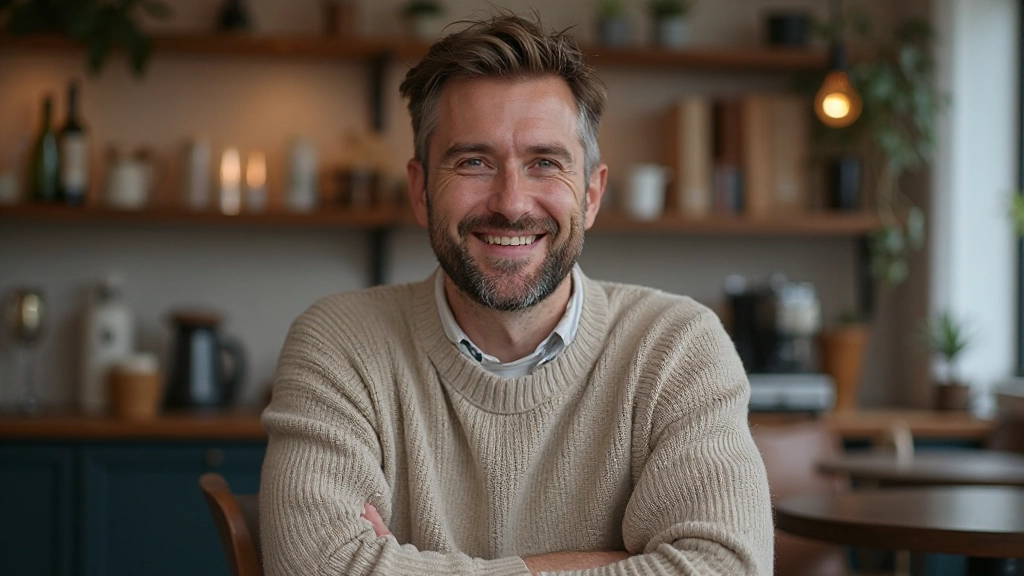 Man in casual kleding die vriendelijk lacht en een gesprek voert in een café