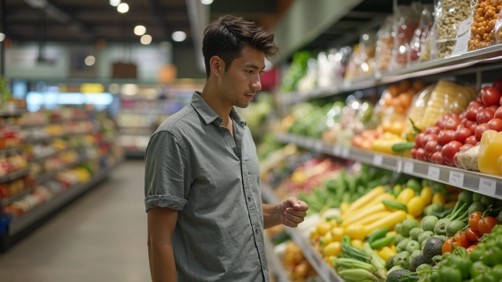 Man staat in een Nederlandse supermarkt bij de groenteafdeling, met een winkelmandje in zijn hand