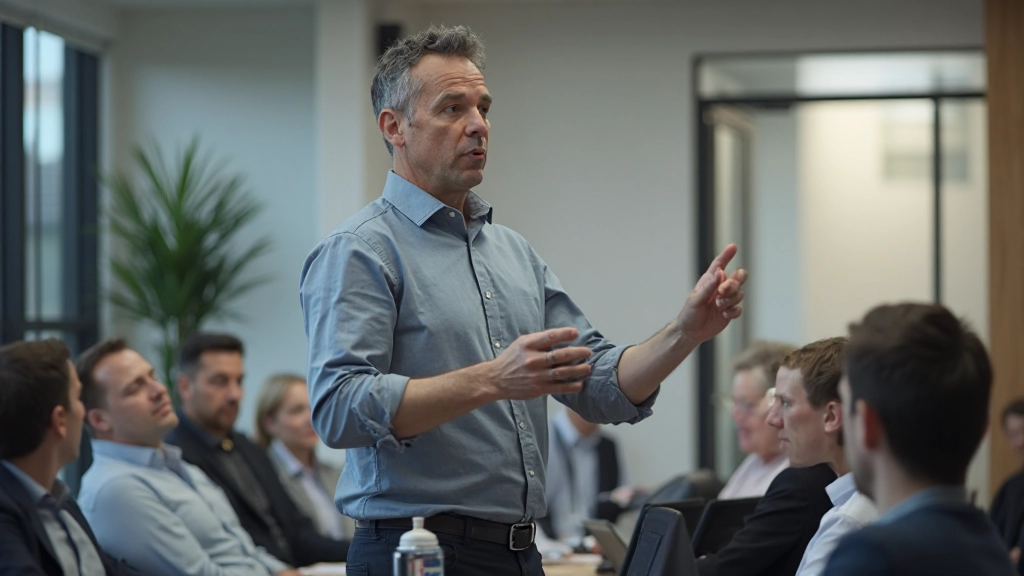 Man presenteert voor groep in een moderne vergaderruimte met grote beeldscherm en glazen wanden