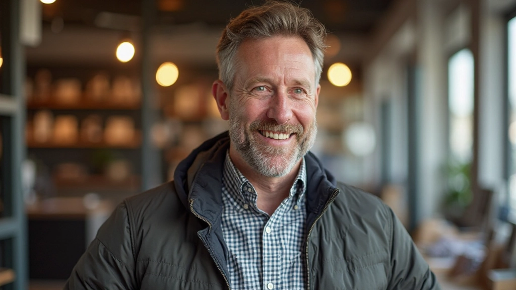 Man in vrijetijdskleding die vriendelijk met iemand in een winkel praat
