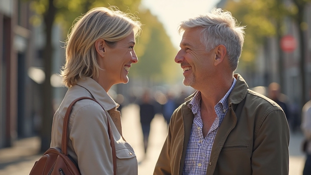 Twee personen die elkaar begroeten op straat met een vriendelijke glimlach