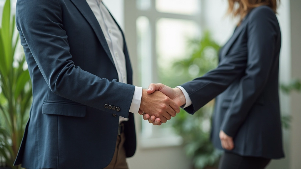 Twee professionals geven elkaar een hand in een modern kantoor met planten en natuurlijk licht