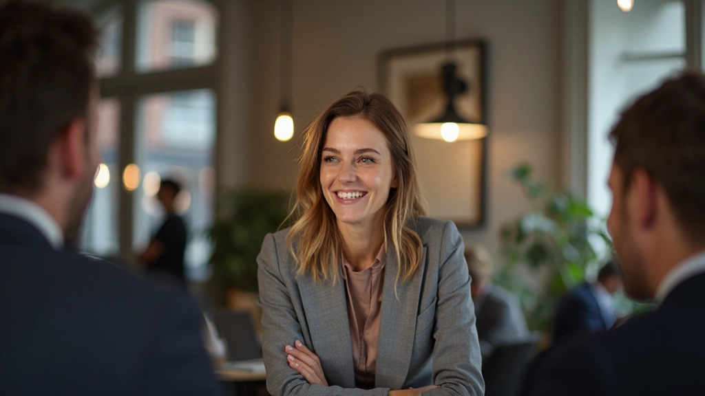 Vrouw in kantoor die lacht terwijl ze met collega's praat