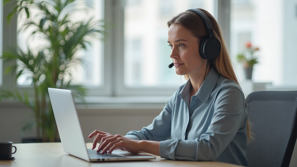 Vrouw zit aan bureau met koptelefoon en voert videocall via laptop in kantooromgeving
