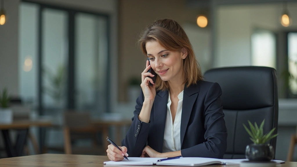 Vrouw telefoneert in Nederlands terwijl ze aan tafel zit met aantekeningen